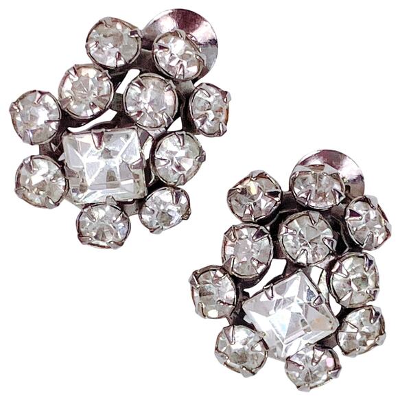 VTG 1950s Rhinestone Cluster Clip-On Earrings, Mid-Century Sparkle, Silver Tone - Picture 2 of 12